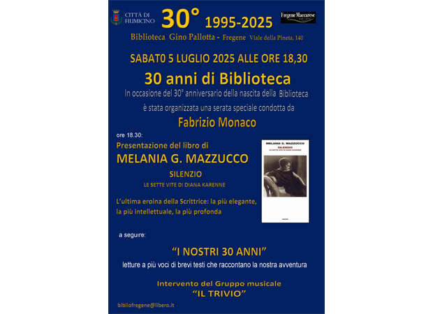 30° anniversario della Biblioteca: 5 luglio 2025 ore 18,30