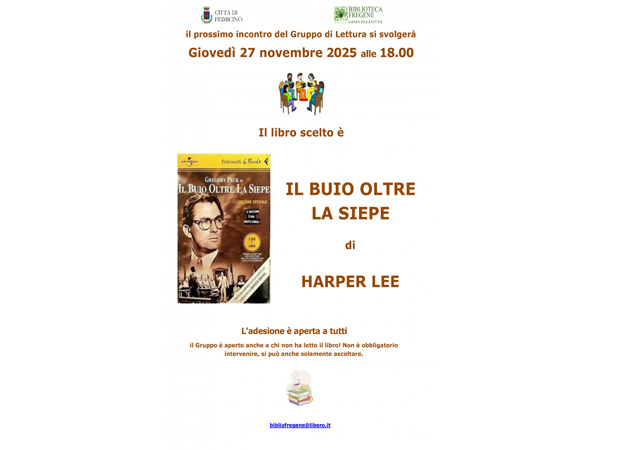 Gruppo di Lettura: Il buio oltre la siepe. Giovedì 27 novembre ore 18